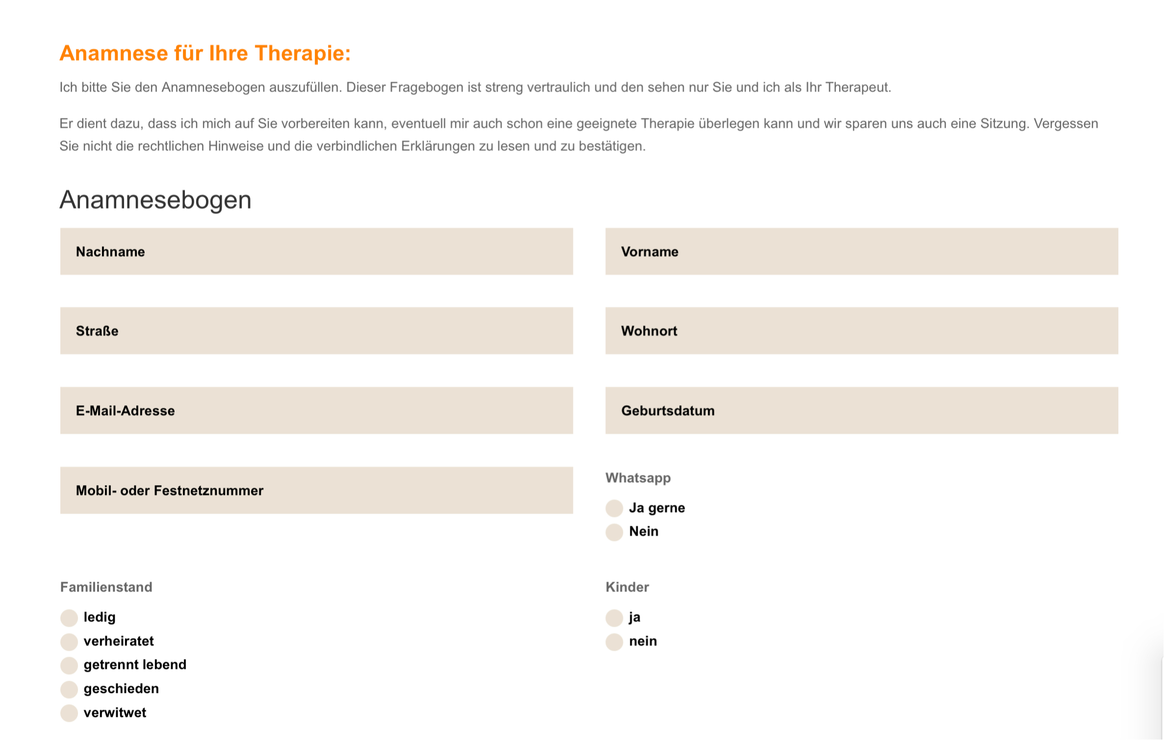 Anamnese für Ihre Therapie Anamnesebogen für Hypnose und Psychotherapie bei Oliver Range in Bad Aibling – strukturierte Angaben zu Gesundheit, Anliegen und Vorerfahrungen.